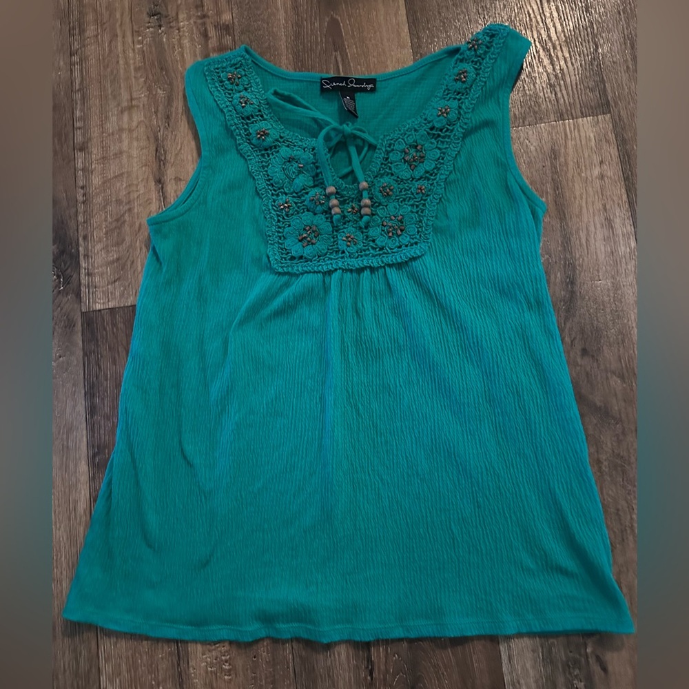 French laundry green embroidered with small brown beads